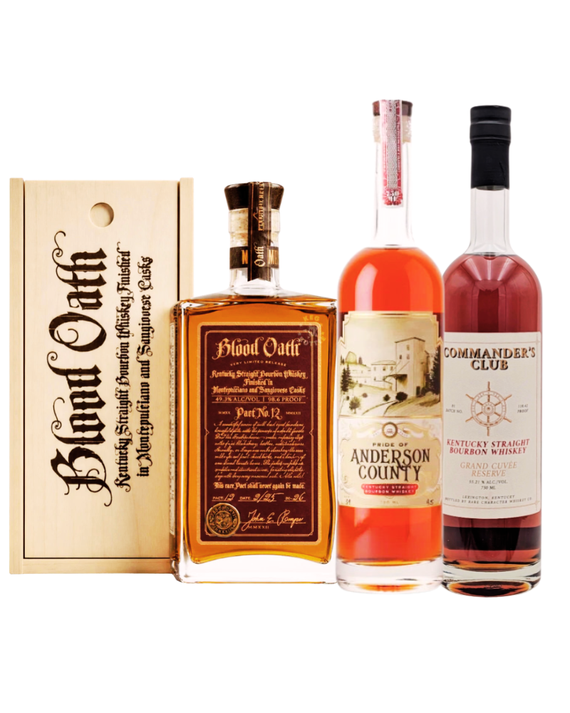 Rare Character “Commander’s Club” + Blood Oath Pact No. 12 + Pride of Anderson County 9 Kentucky Straight Bourbon Whiskey Bundle