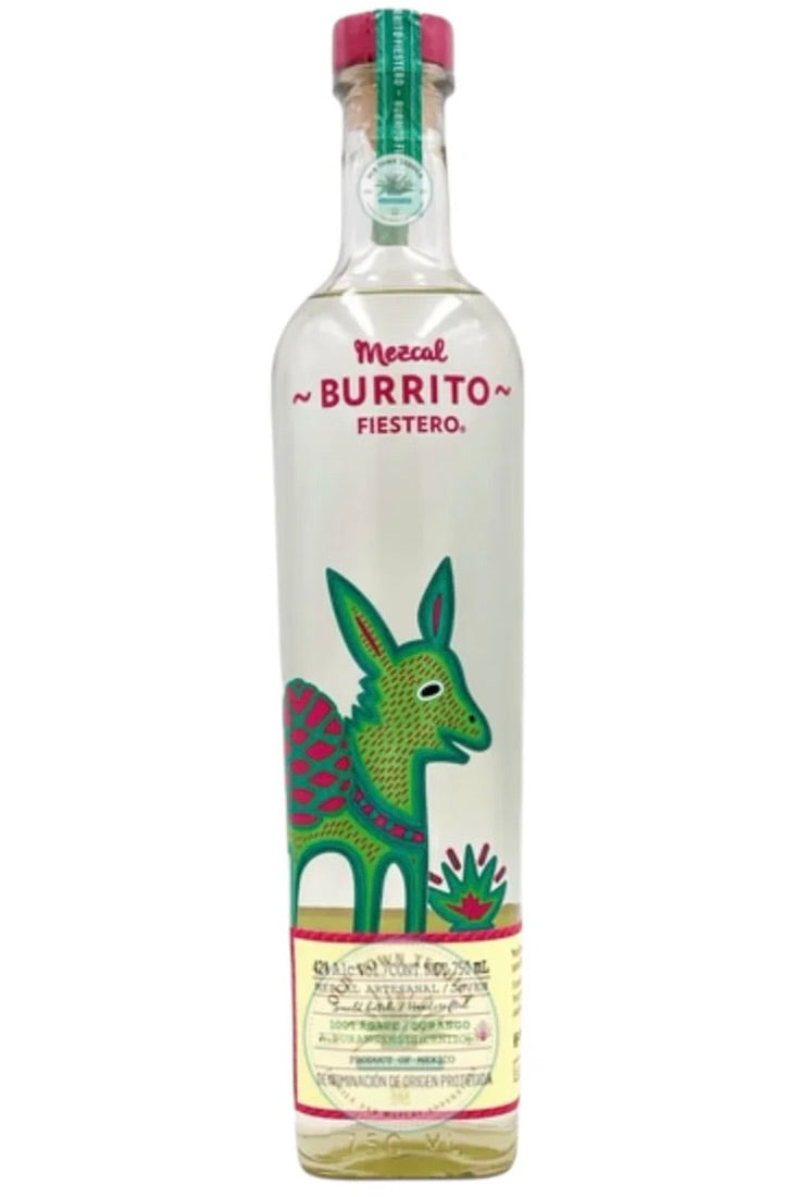 Burrito Fiestero Mezcal Cenizo Joven 100% Wild Agave Durangensis 12 Year Plants San Nicolas Acevedo Durango Juan Manuel Conde Copper Pot Double Distilled Open Air Fermentation One For One Reforestation 42% ABV 84 Proof 750ml