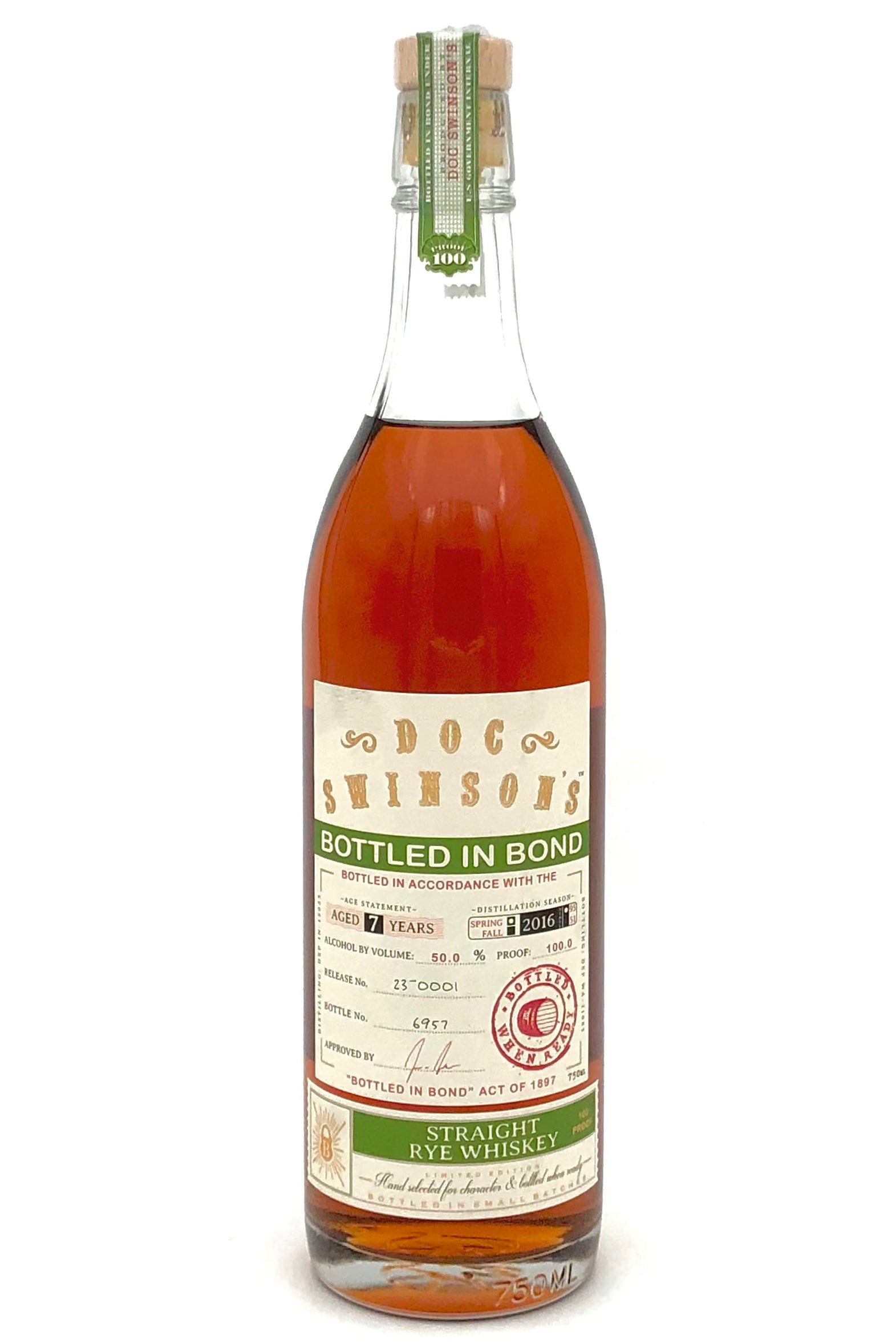 Doc Swinson's 7 Year Old Bottled in Bond Straight Rye Whiskey 750ml