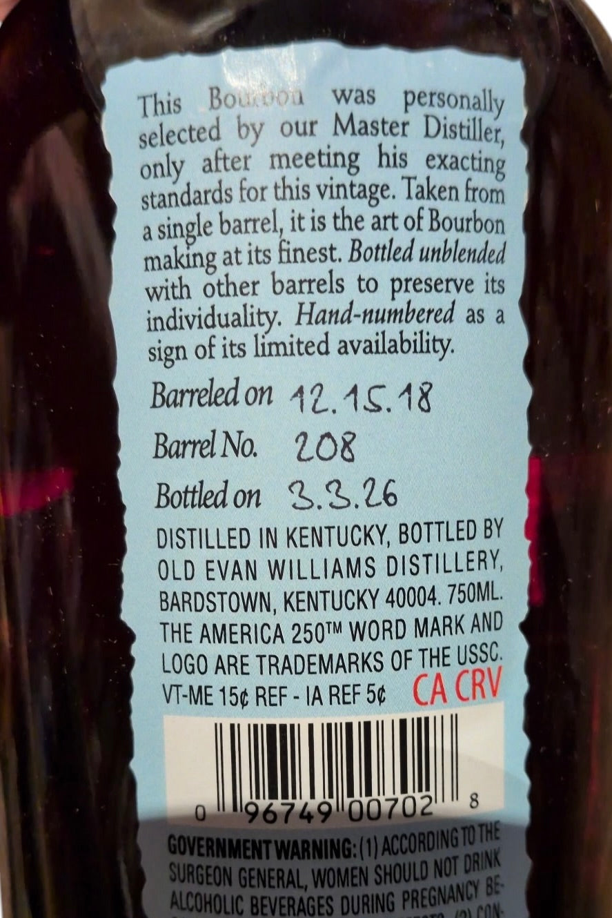 Evan Williams 250th USA Anniversary Vintage Single Barrel Bourbon Whiskey