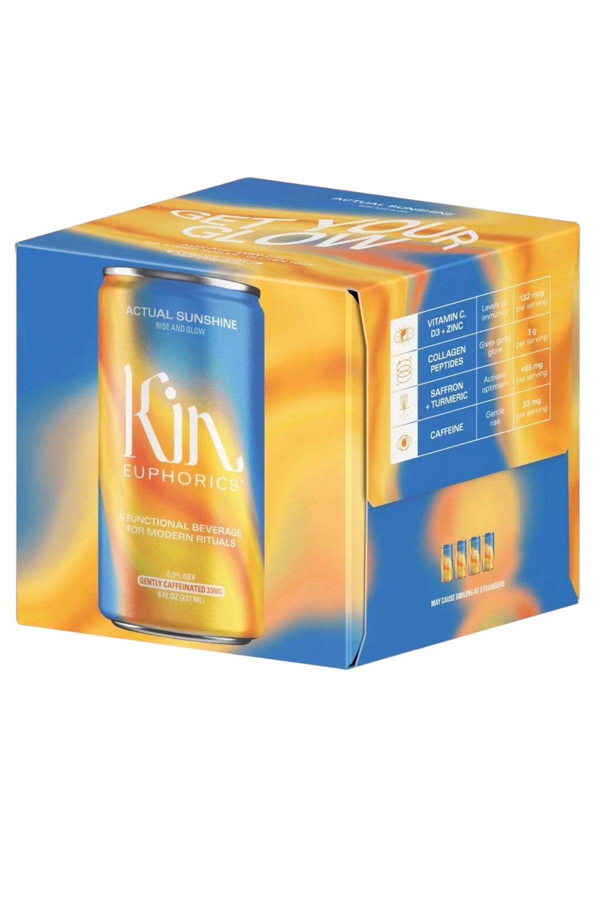 Ken Euphorics Actual Sunshine Rise & Glow Gently Caffeinated Non Alcoholic 4 x 8oz Cans