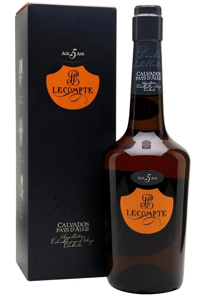 Lecompte 5 Year Old Calvados Pays d'Auge Normandy France Apple Brandy Notre Dame de Courson Double Distilled Pays d'Auge Small Fresh Oak Then Mature French Oak Gold SFWSC 2014 40% ABV 80 Proof 750ml