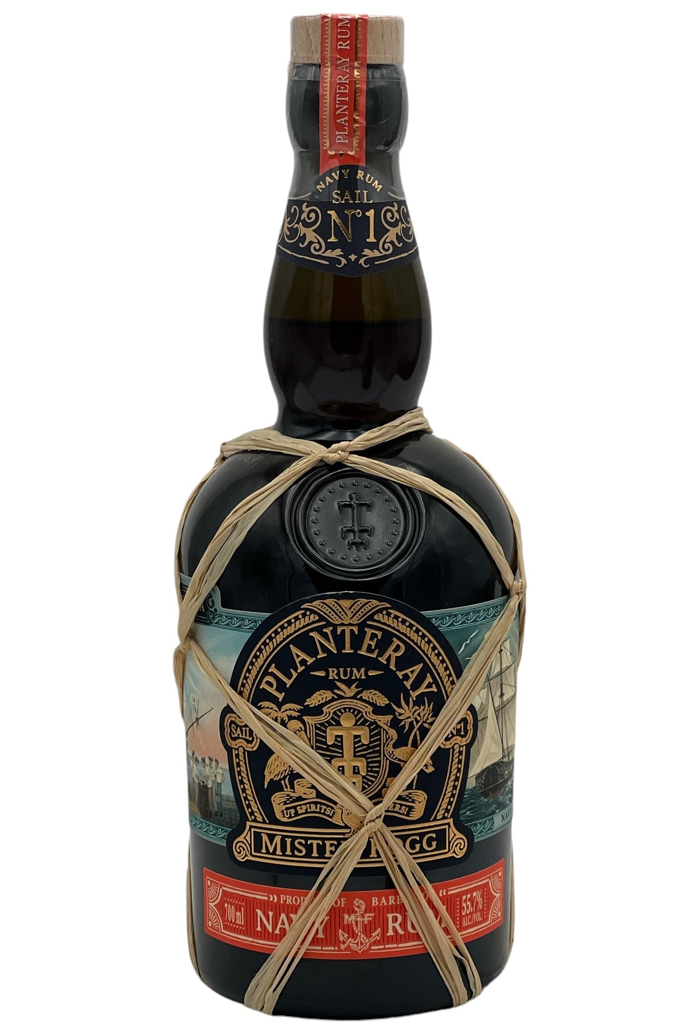 A bottle of Planteray Mister Fogg Navy Rum Sail No. 1 with a dark label and a decorative rope tied around it.