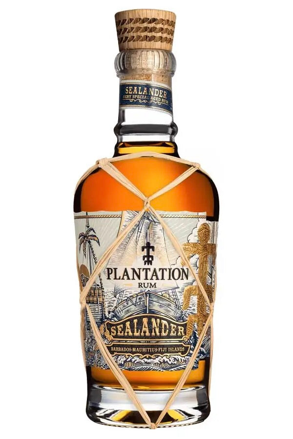 A bottle of Planteray Sealander Rum with a nautical-themed label and a decorative rope around the neck.