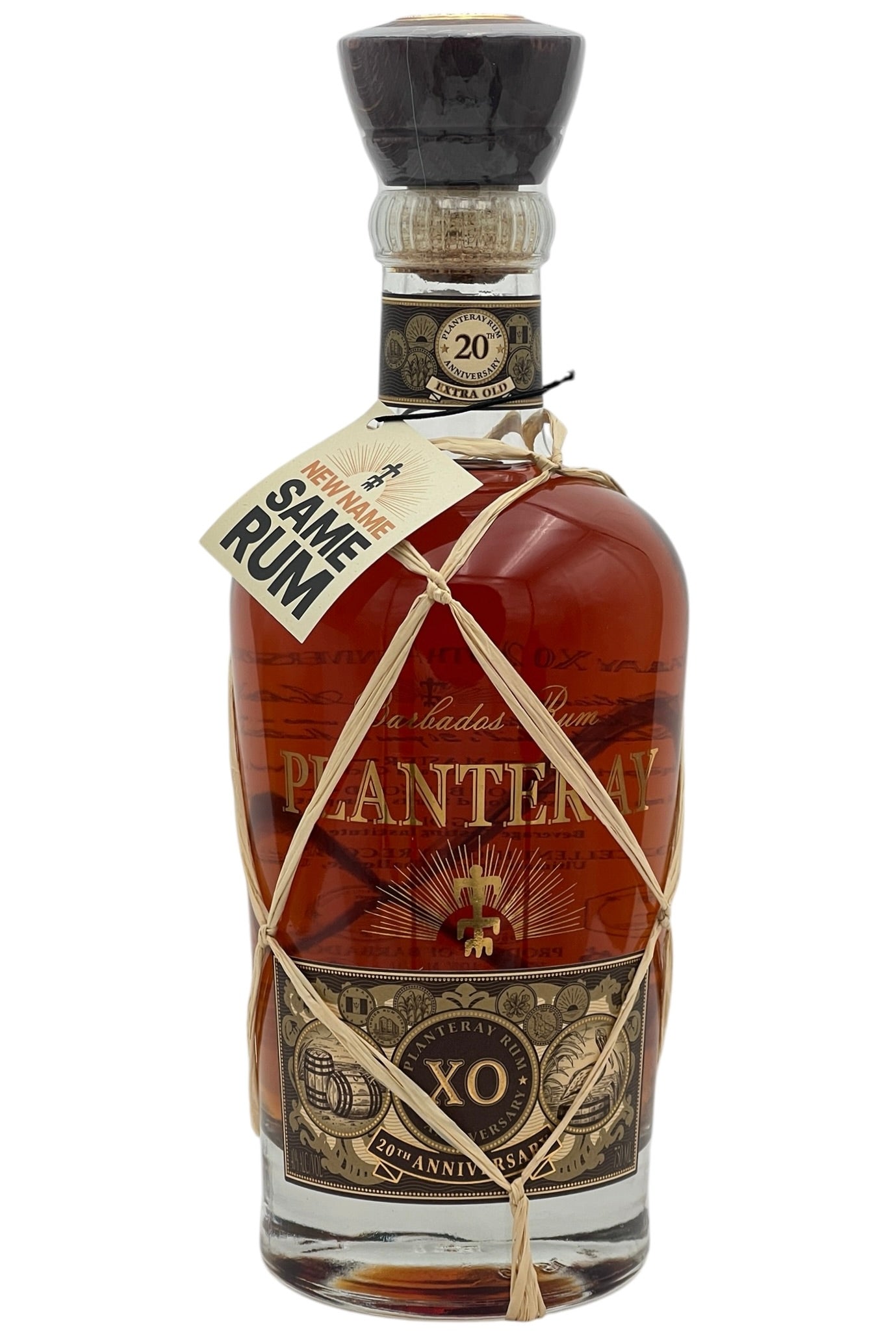 A bottle of Planteray XO Rum Barbados 20th Anniversary with a clear amber liquid visible and a label that reads 'XO' and '20th Anniversary'. The bottle is sealed with a wax top and has a tag that says 'proof rum'.