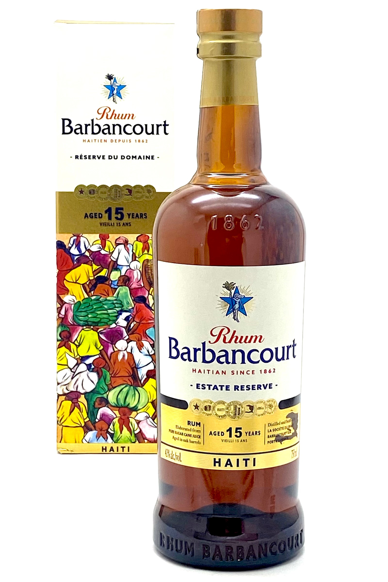 A bottle of Rhum Barbancourt 15 Years Old Estate Reserve Rum from Haiti with a colorful box in the background. The bottle label displays the brand name, age, and origin.