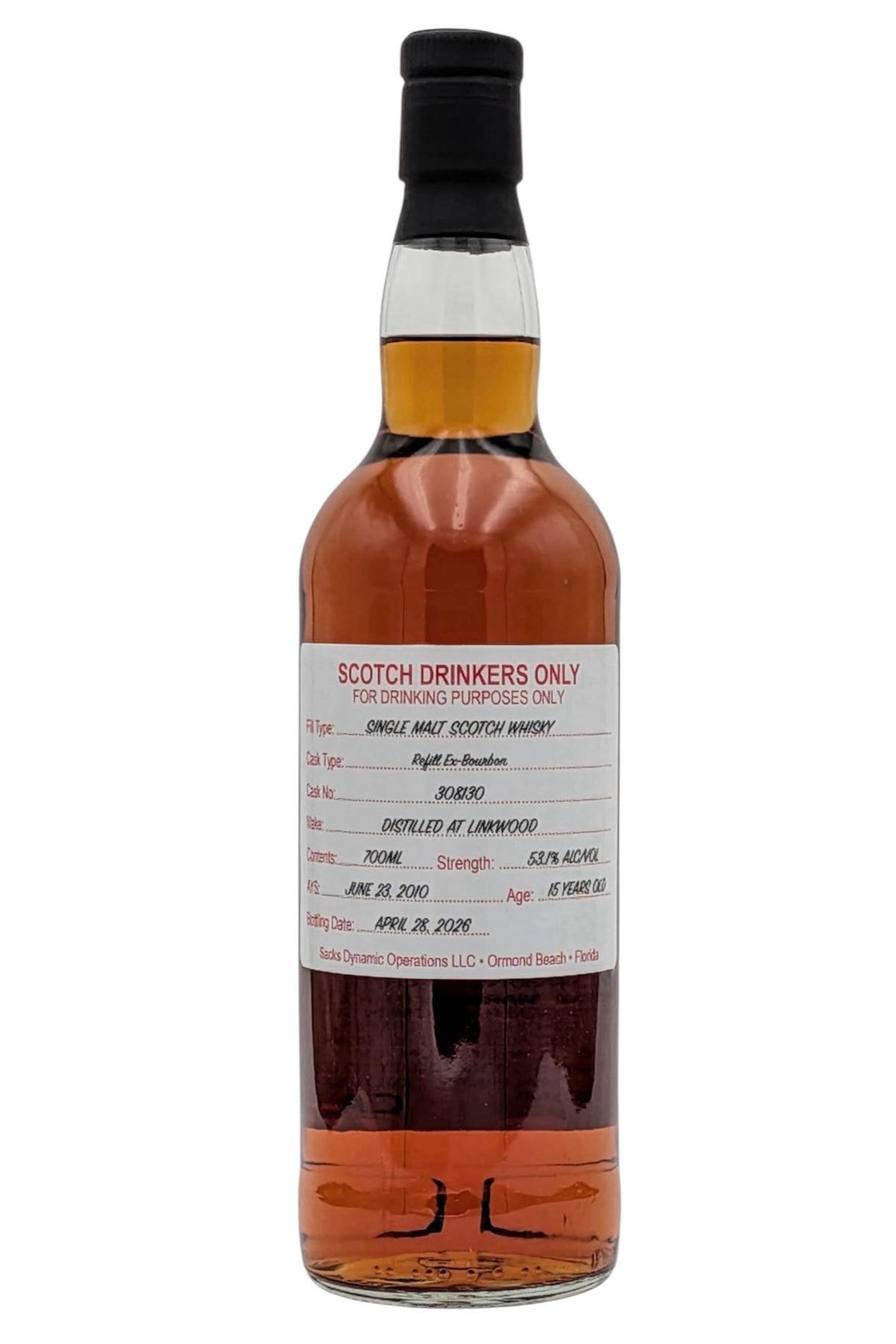 Scotch Drinkers Only Private Cask Selection Linkwood 15 Year Old Cask #308130 Speyside Single Malt Scotch Whisky 700ml