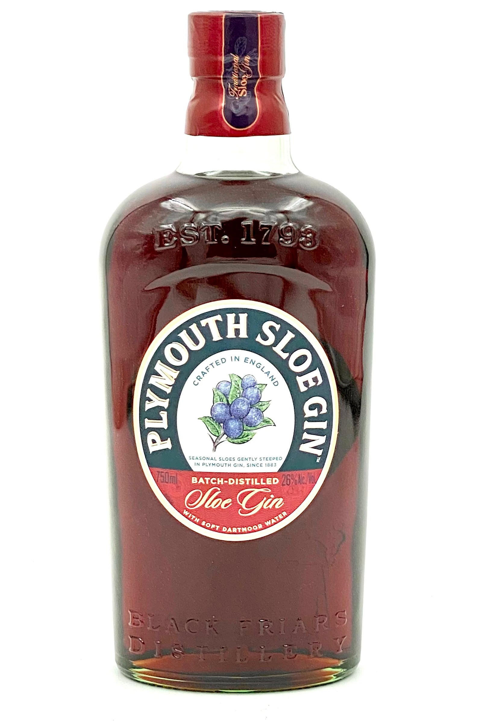 Plymouth Sloe Gin Traditional English Liqueur 1883 Recipe Hand Foraged Sloe Berries Blackfriars Distillery Plymouth England Gold Medal SFWSC 2011 Silver Gin Masters 26% ABV 52 Proof 750ml